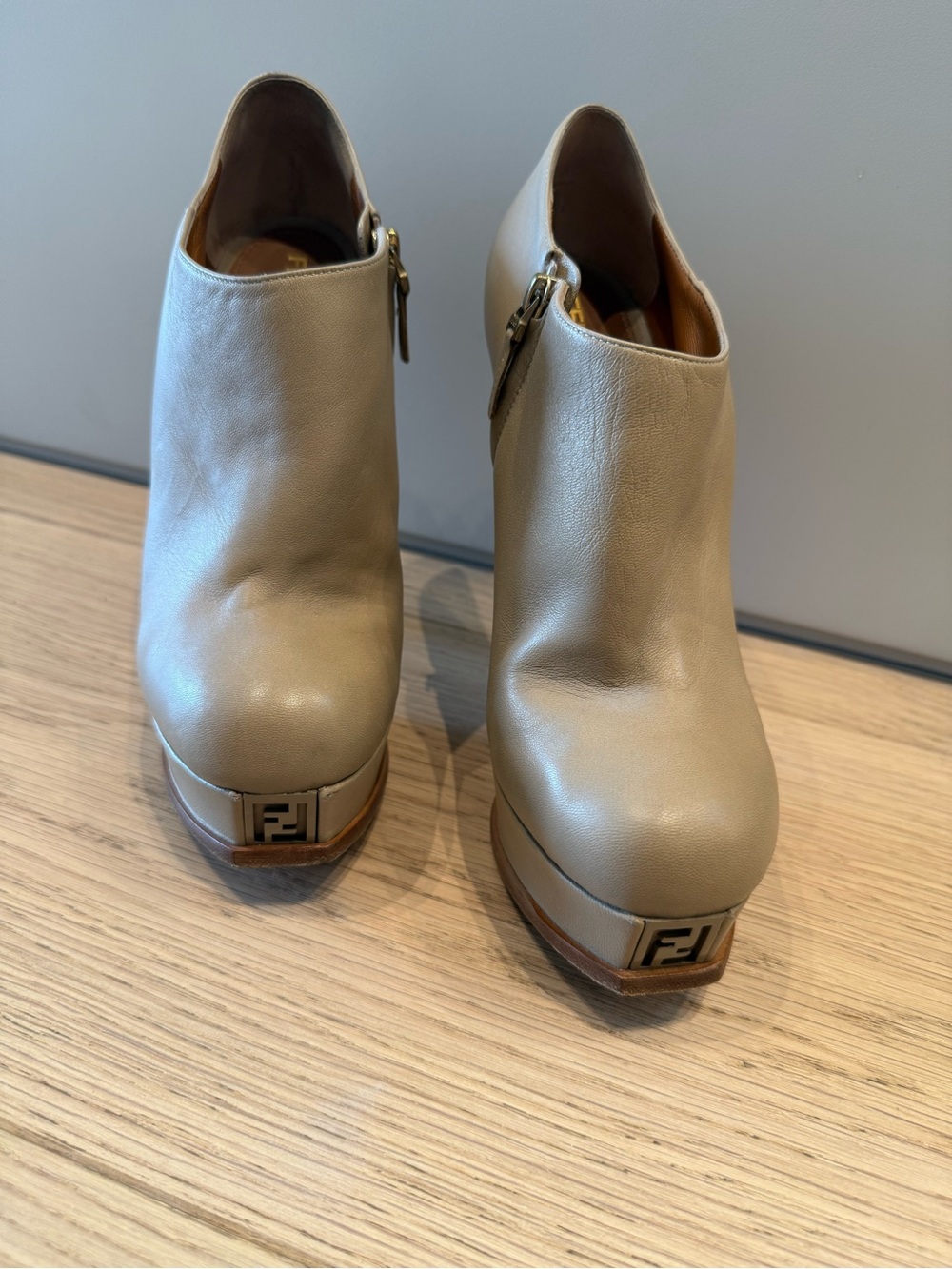 Fendi Taupe Leather Platform Ankle Booties with FF Logo